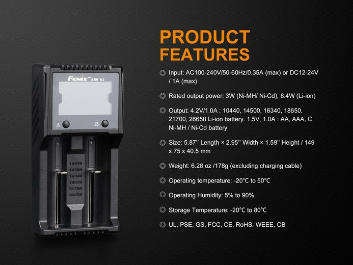 Fenix - ARE-A2 dual batterijlader voor verschillende formaten